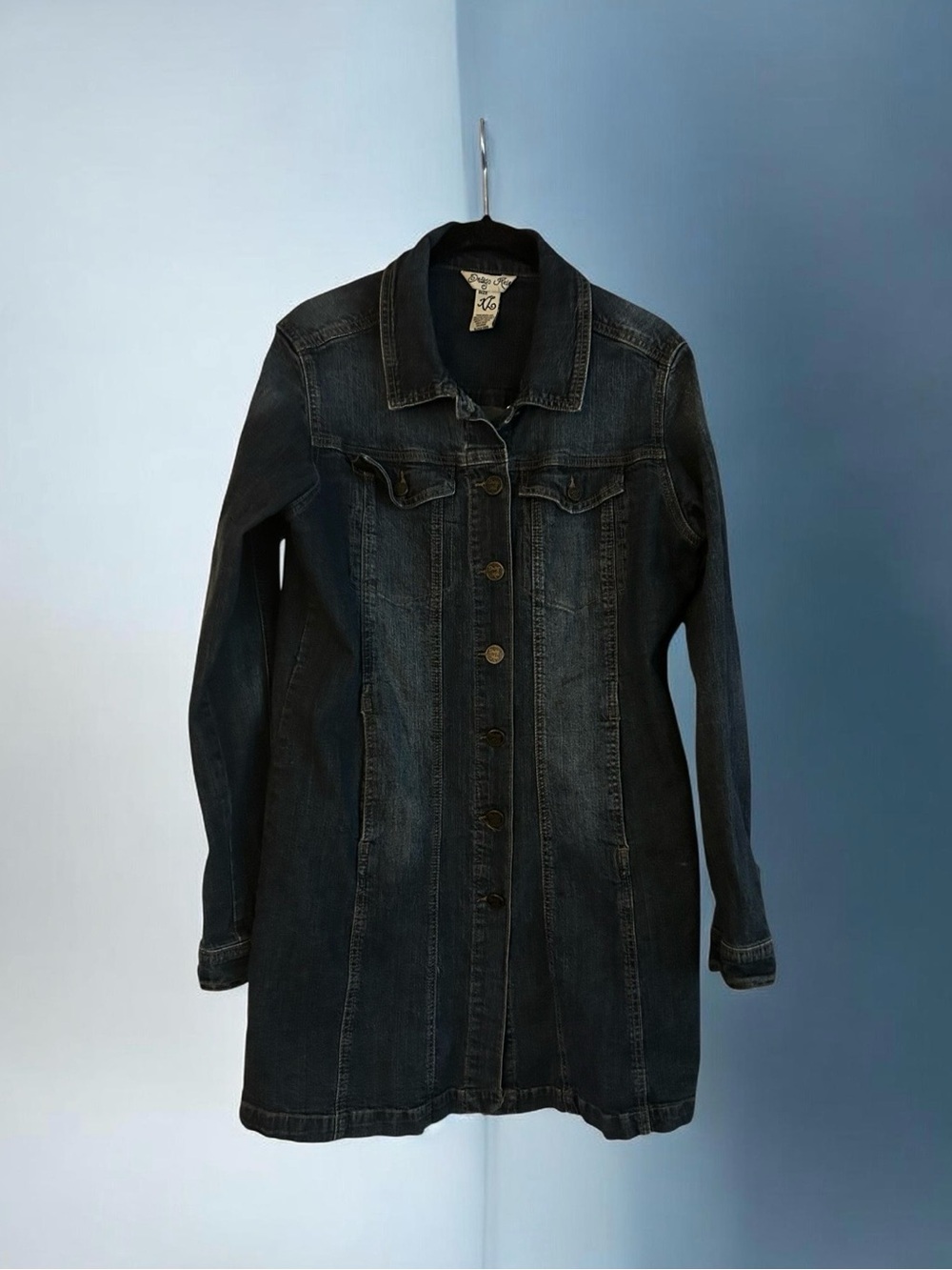 Indigo Rein Longline Denim Duster Jacket Shacket XL Dark Wash Button Front